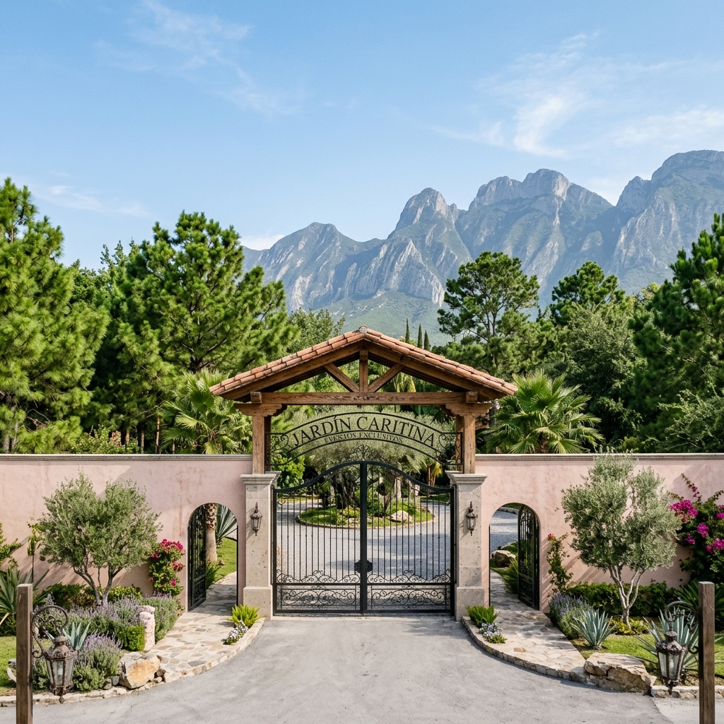 Entrada de Jardín Caritina en Santiago, NL
